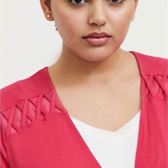 TORRID Fuschia Pink Super Soft Lattice Insert Hi-Lo Cardigan Size 2X - Picture 3 of 9